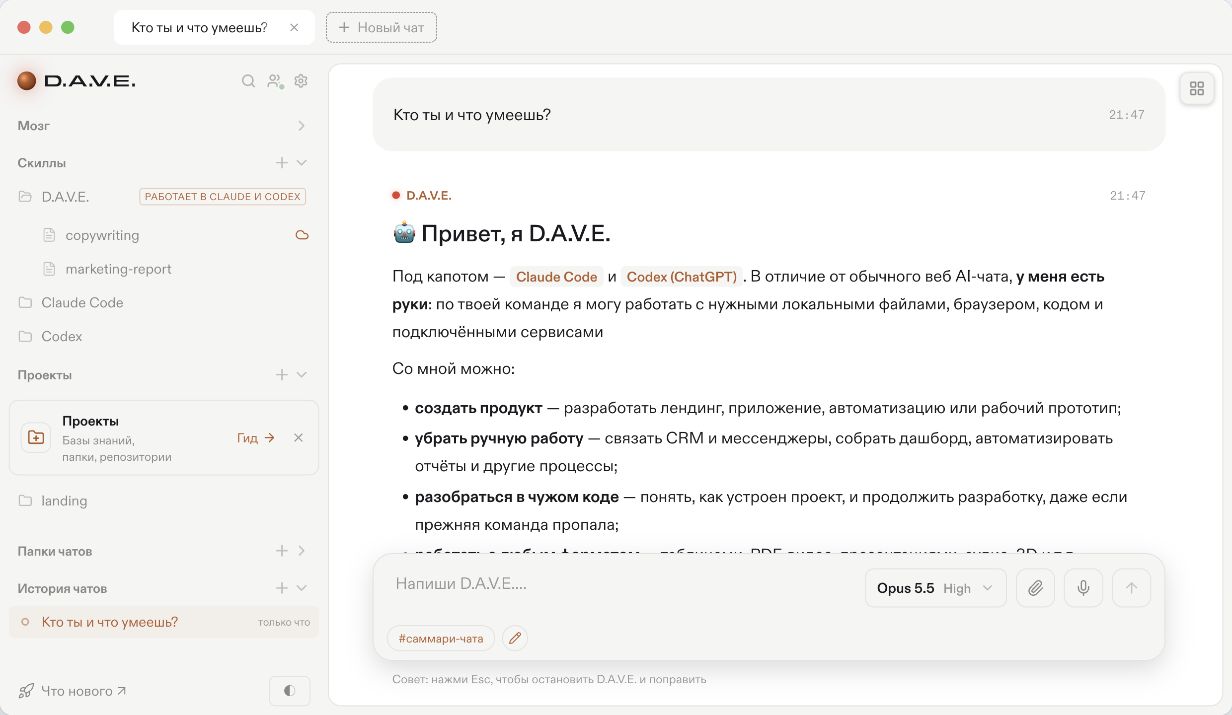 Окно D.A.V.E.
